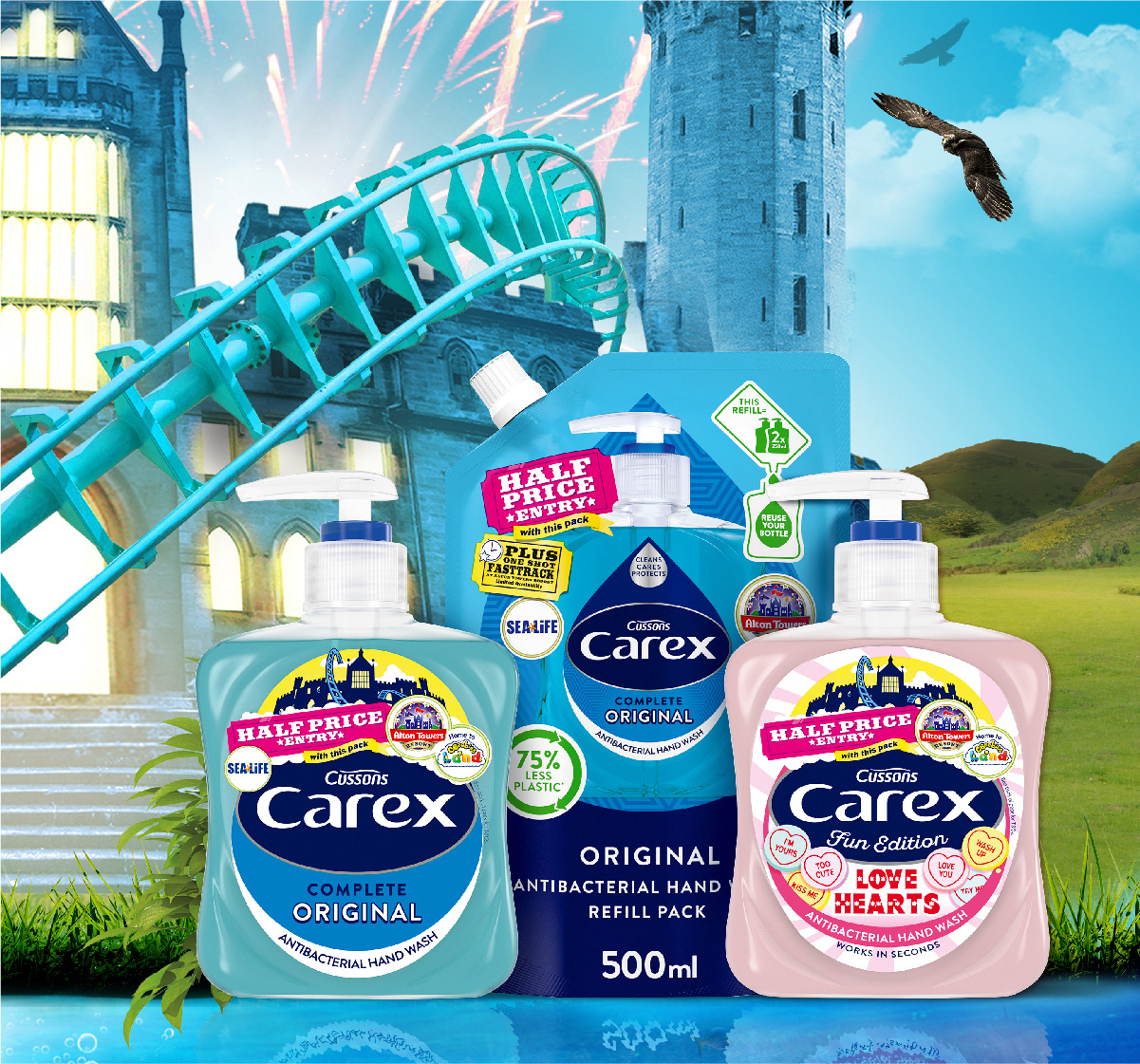 Alton Towers Theme Park with Carex Merlin Promotion Hand Wash Refill and Bottle Packs Alton Towers Theme Park with Carex Merlin Promotion Hand Wash Refill and Bottle Packs