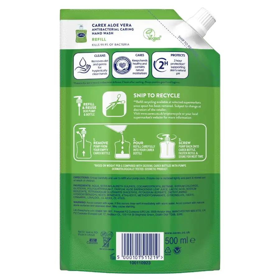 Carex Aloe Vera Antibacterial Hand Wash Refill 500ml